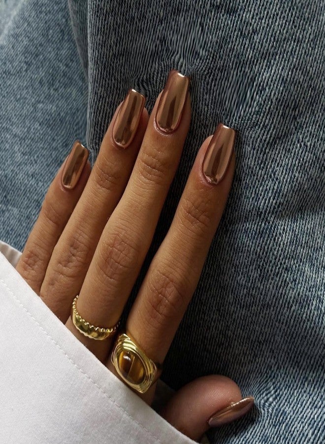 KQueenest Chrome Brown Press on Nails Short Medium Square, Glitter Bronze Fake Nails Press Ons, Sparkle Metallic Acrylic Nails Glue on, Glazed Gel Glue on Nails for Women Party Wear in 24 Pcs - Image 1